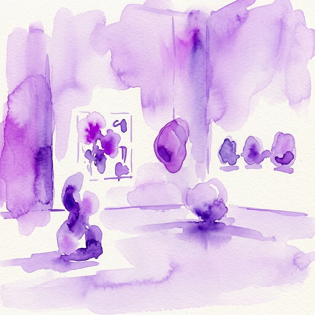 Abstract aquarelwerk in paarse tinten dat conceptuele kunstinstallaties in een galerieruimte weergeeft, ter representatie van de tentoonstelling van Cameron Rowland in het mumok.
