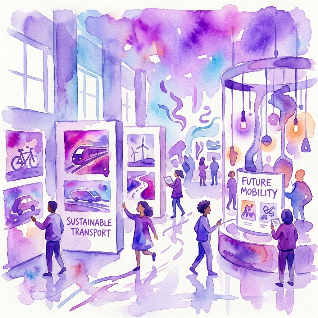 Ilustracja akwarelowa przestrzeni wystawienniczej prezentującej różnorodne dzieła sztuki na temat zrównoważonego transportu i przyszłej mobilności, z odwiedzającymi eksplorującymi interaktywne instalacje i prace stworzone przez studentów.