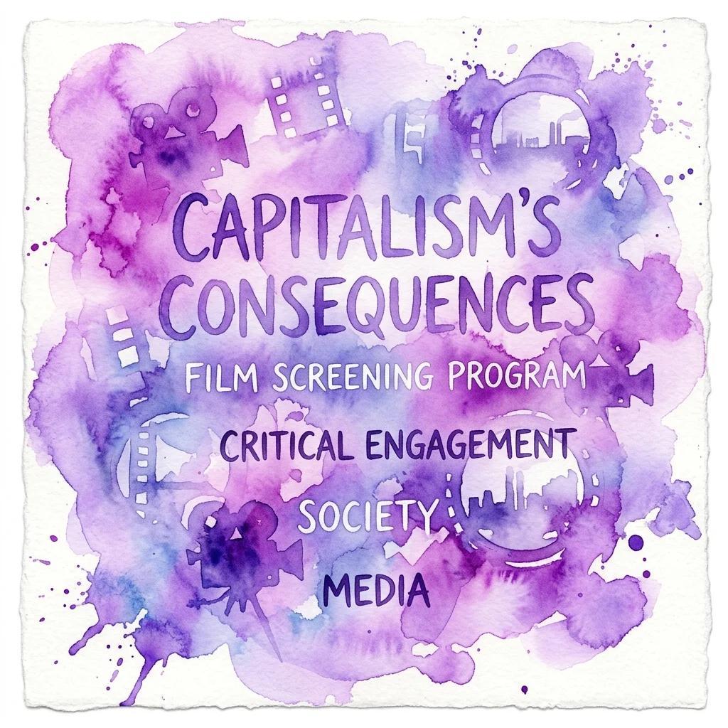 Paars aquarelkunstwerk met de tekst 'Capitalism's Consequences Film Screening Program' en woorden zoals kritische betrokkenheid, maatschappij, media, omringd door filmgerelateerde iconen.