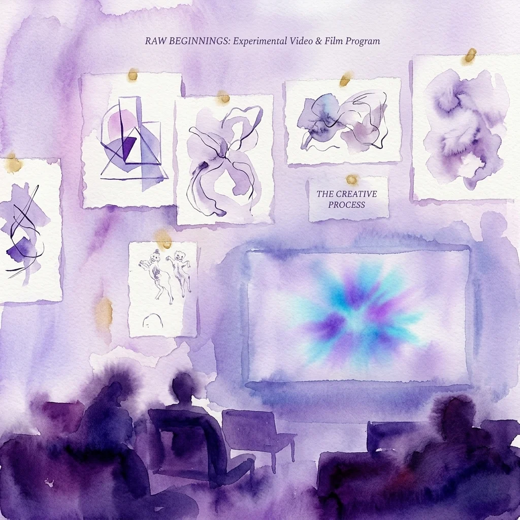 Una ilustración en acuarela de una sala de proyección con dibujos abstractos clavados en una pared y una gran pantalla que muestra una imagen abstracta colorida, representando el programa 'Raw Beginnings: Experimental Video & Film Program' en el mumok.