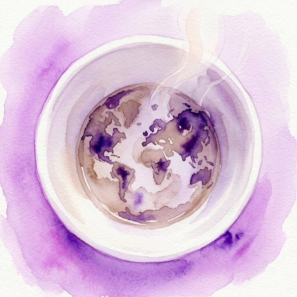 Una ilustración en acuarela de posos de café formando un mapa del mundo dentro de una taza, con vapor ascendiendo, simbolizando la interpretación global y las posibilidades futuras en la exposición 'Future Readings' de Florian Meisenberg.
