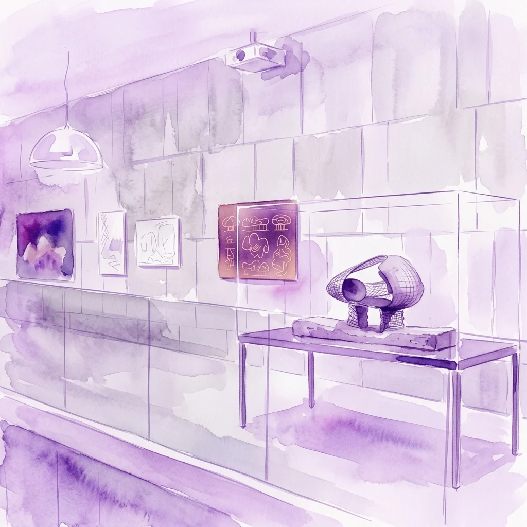 Ilustración en acuarela de una galería de exposiciones que presenta una maqueta de malla de alambre y hormigón de la Endless House de Friedrich Kiesler, expuesta en una vitrina de cristal con obras de arte relacionadas en la pared.