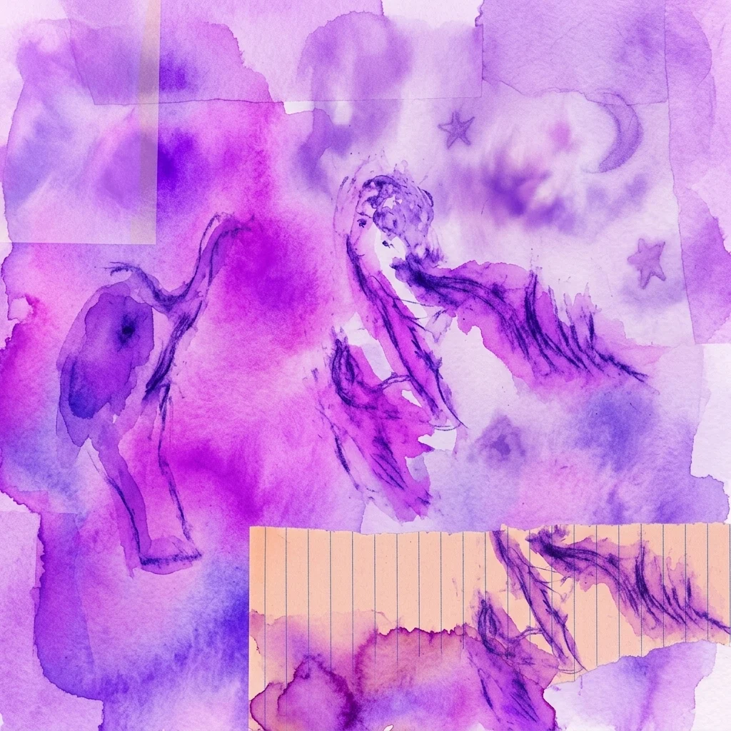 Una obra de arte infantil en acuarela con tonos púrpuras y rosas, que presenta figuras abstractas, estrellas y una luna creciente, con un trozo de papel rayado en primer plano, evocando un tema de narración onírica.