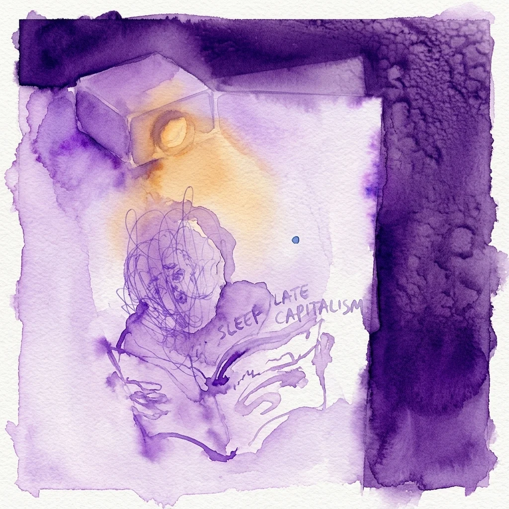 Una ilustración en acuarela en tonos púrpuras y amarillos que muestra a una persona leyendo bajo la luz de un proyector, con el texto 'SLEEP LATE CAPITALISM' en un libro, evocando una atmósfera contemplativa y surrealista.