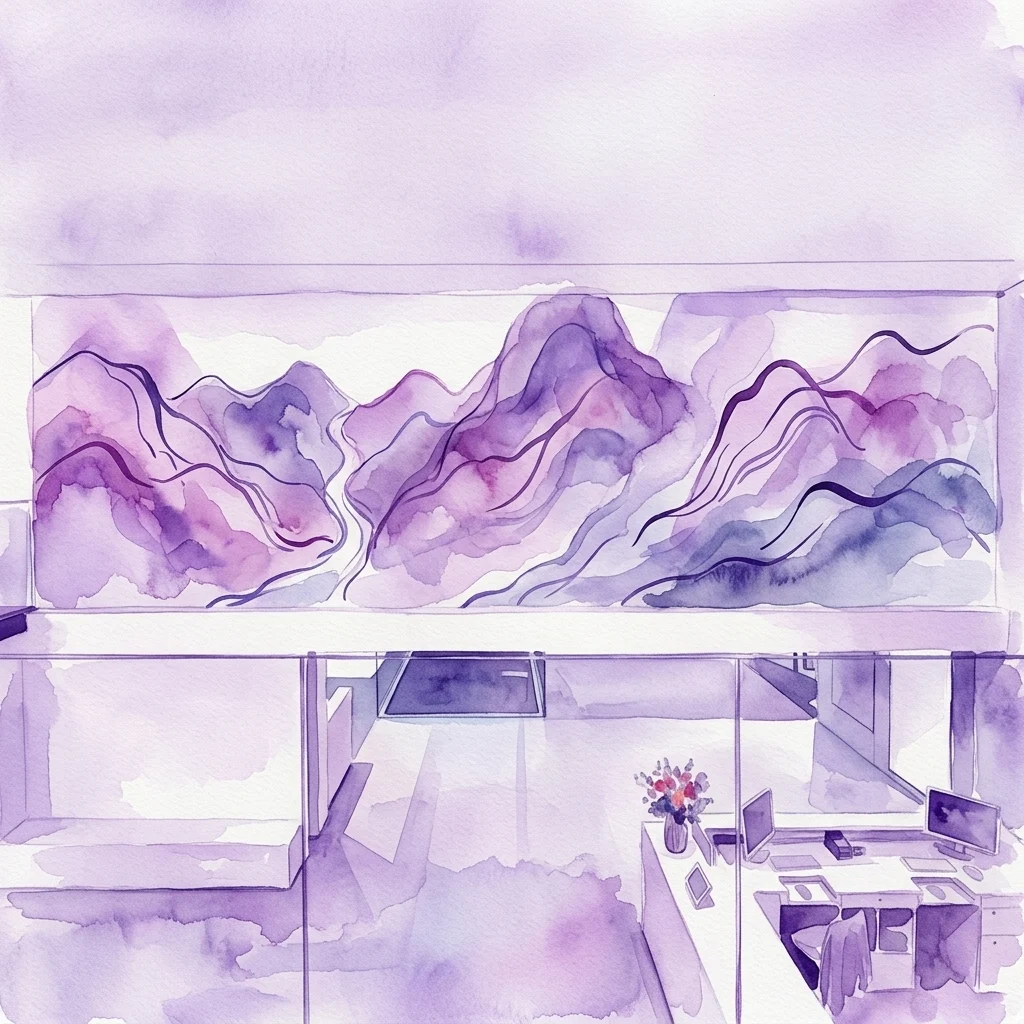 Een grootschalig abstract landschapsschilderij van Jongsuk Yoon, die het Kumgangsan-gebergte afbeeldt met doorschijnende paarse en blauwe aquarellagen en grafische lijnen, tentoongesteld in een eigentijdse kunstgalerieruimte.