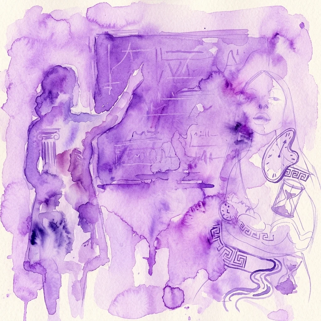 Een paarse aquarelillustratie die een academicus weergeeft die presenteert aan een schoolbord, met symbolische elementen uit de Griekse mythologie en tijd, waaronder een figuur met een klok en zandloper, die het Kronoscomplex en temporele angst vertegenwoordigen.