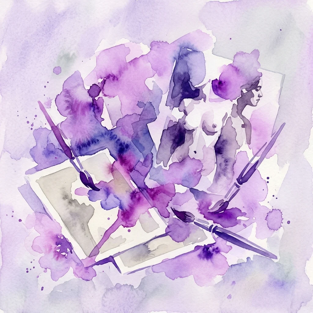 Een aquarelillustratie van monochrome fotografische prints die overschilderd zijn met paarse en blauwe tinten, die gefragmenteerde vrouwelijke figuren in een surrealistische stijl afbeelden.