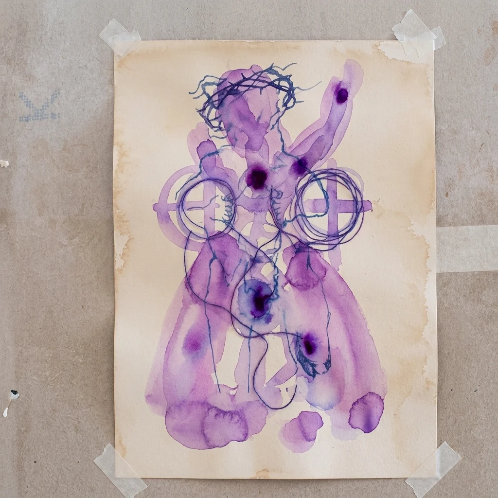Een aquarel in paars- en blauwtinten, die een figuur met een doornenkroon, abstracte vormen en een kruis afbeeldt, met thema's van pijn en opoffering.