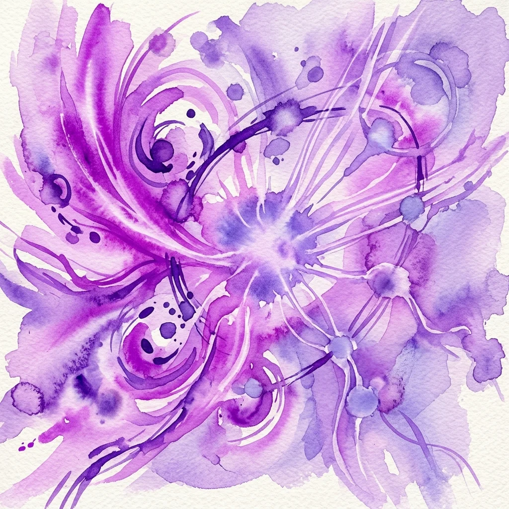 Un vibrante abstracto de acuarela púrpura que representa interacciones dinámicas de luz y energía, inspirado en el arte cinético y conceptos científicos, reflejando temas de movimiento e interconexión.