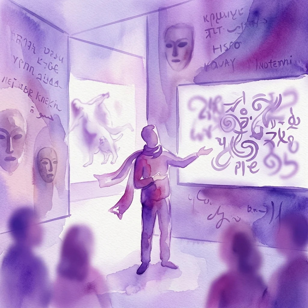 Ilustracja akwarelowa przedstawiająca mówcę prezentującego w galerii muzealnej, otoczonego abstrakcyjną sztuką i tekstem, promująca wykład Livia Polanyi na temat sztuki werbalnej i języka.