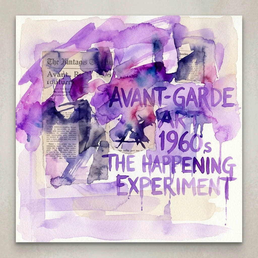 Abstract artwork with purple watercolor and newspaper clippings, featuring text 'AVANT-GARDE ART 1960s THE HAPPENING EXPERIMENT' in bold purple lettering.