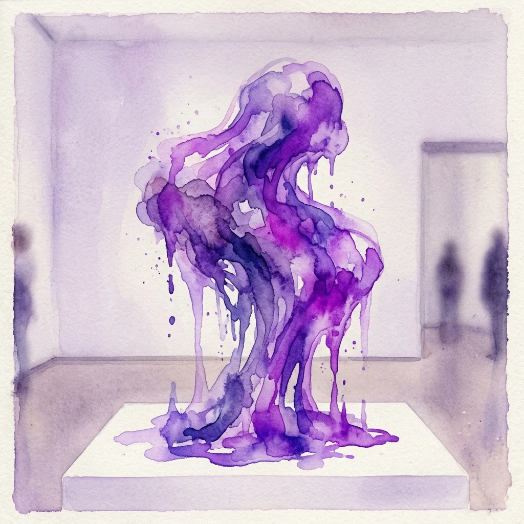 A purple watercolor-style sculpture of a figure in motion, displayed on a white pedestal in a gallery, evoking Medardo Rosso's innovative approach to modern sculpture.