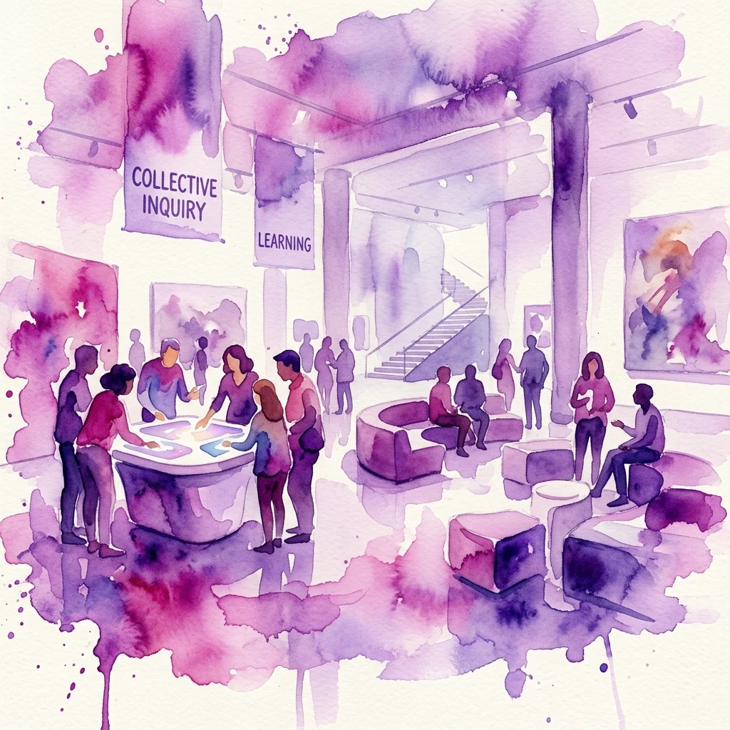 Ilustración en acuarela de un espacio de exposición de museo con personas interactuando en mesas y áreas de descanso, con pancartas que dicen 'COLLECTIVE INQUIRY' y 'LEARNING' en un entorno de galería moderno.