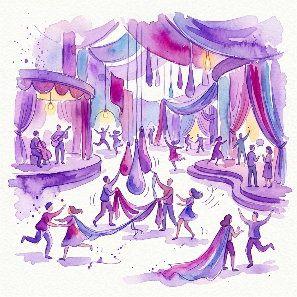Una ilustración en acuarela de un espacio de exposición de arte interactivo con artistas y visitantes participando en un juego coreografiado, con cortinas púrpuras, luces colgantes y elementos musicales, que representa el proyecto 'Basically' de Nikima Jagudajev.