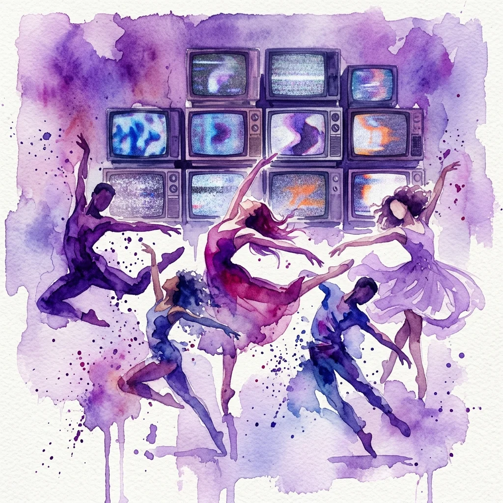 Een aquarelillustratie van hedendaagse dansers in beweging voor een muur van vintage televisies die abstracte, korrelige beelden tonen, ter representatie van de tentoonstelling 'nowhere / now here' in mumok.