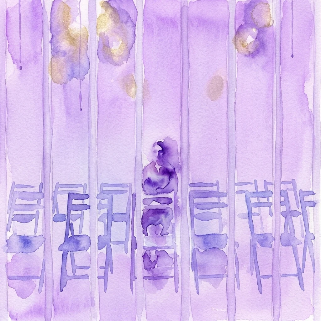 A watercolor artwork featuring vertical purple and lavender stripes with abstract blue chair-like shapes and gold-tinged splotches, representing Kate Millett's 'Terminal Piece' installation at mumok.