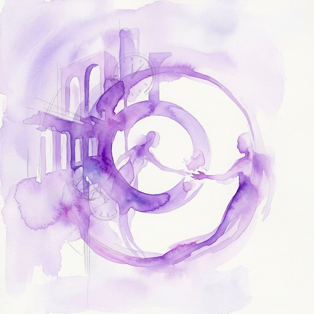 Een paars aquarel kunstwerk dat abstracte figuren, een klok en modernistische architectuur afbeeldt, met thema's van tijd en onderlinge verbondenheid in een surrealistische compositie.