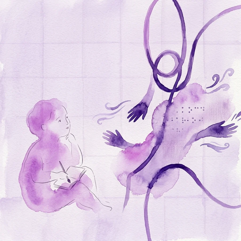 Een aquarelillustratie van een kinderfiguur die een boek leest, kijkend naar een dynamische, abstracte vorm met vloeiende lijnen en handen, die de wisselwerking tussen autonomie en afhankelijkheid in de tentoonstelling van Tolia Astakhishvili symboliseert.