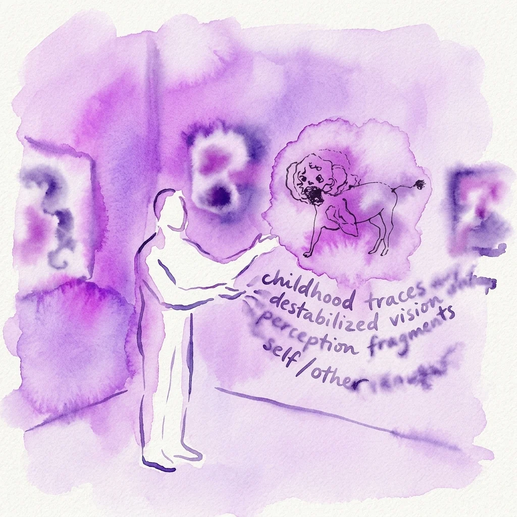 Una ilustración en acuarela en tonos púrpuras que representa una figura presentando texto e imágenes relacionados con rastros infantiles, visión desestabilizada y fragmentos de percepción, parte del Microdrama de Simon Lässig en el proyecto Tolia Curriculum.