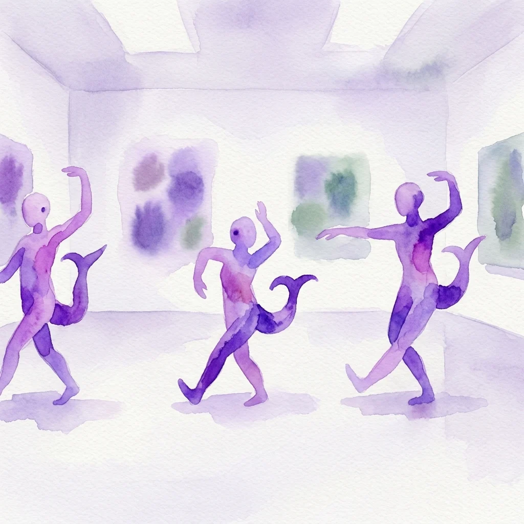 Ilustración en acuarela de figuras abstractas practicando Tai Chi y Qi Gong en un espacio de galería minimalista con iluminación suave y arte abstracto al fondo.