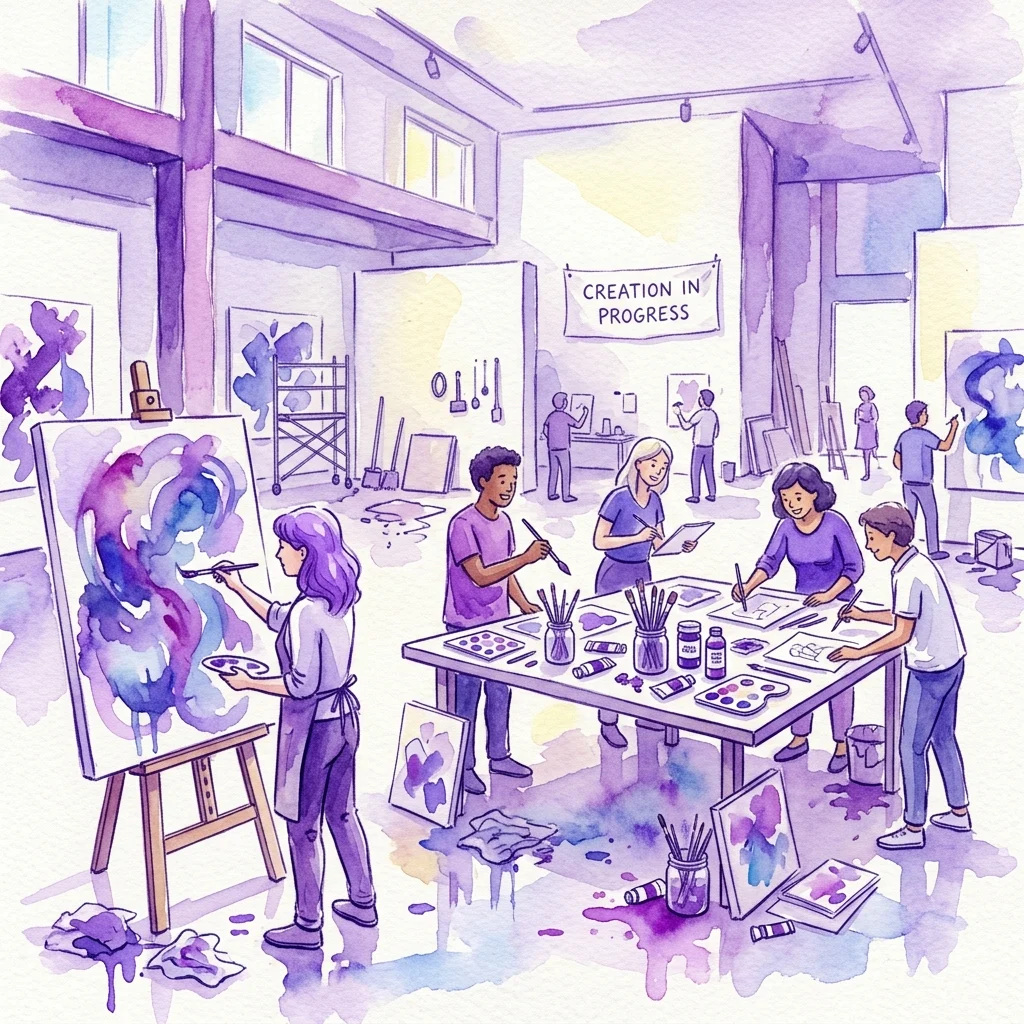Una vibrante escena de estudio de arte con diversas personas participando en actividades de pintura y creativas, rodeadas de materiales de arte y un letrero que dice "CREATION IN PROGRESS", ilustrando la naturaleza dinámica y participativa de la exposición Tolia Curriculum en mumok.