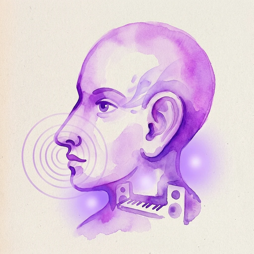 Een paarse aquarelillustratie van een menselijk hoofd in profiel, met geluidsgolven die uit de mond komen en een toetsenbordachtig apparaat om de nek, wat sonische memorabilia en griezelige luisterervaringen symboliseert.
