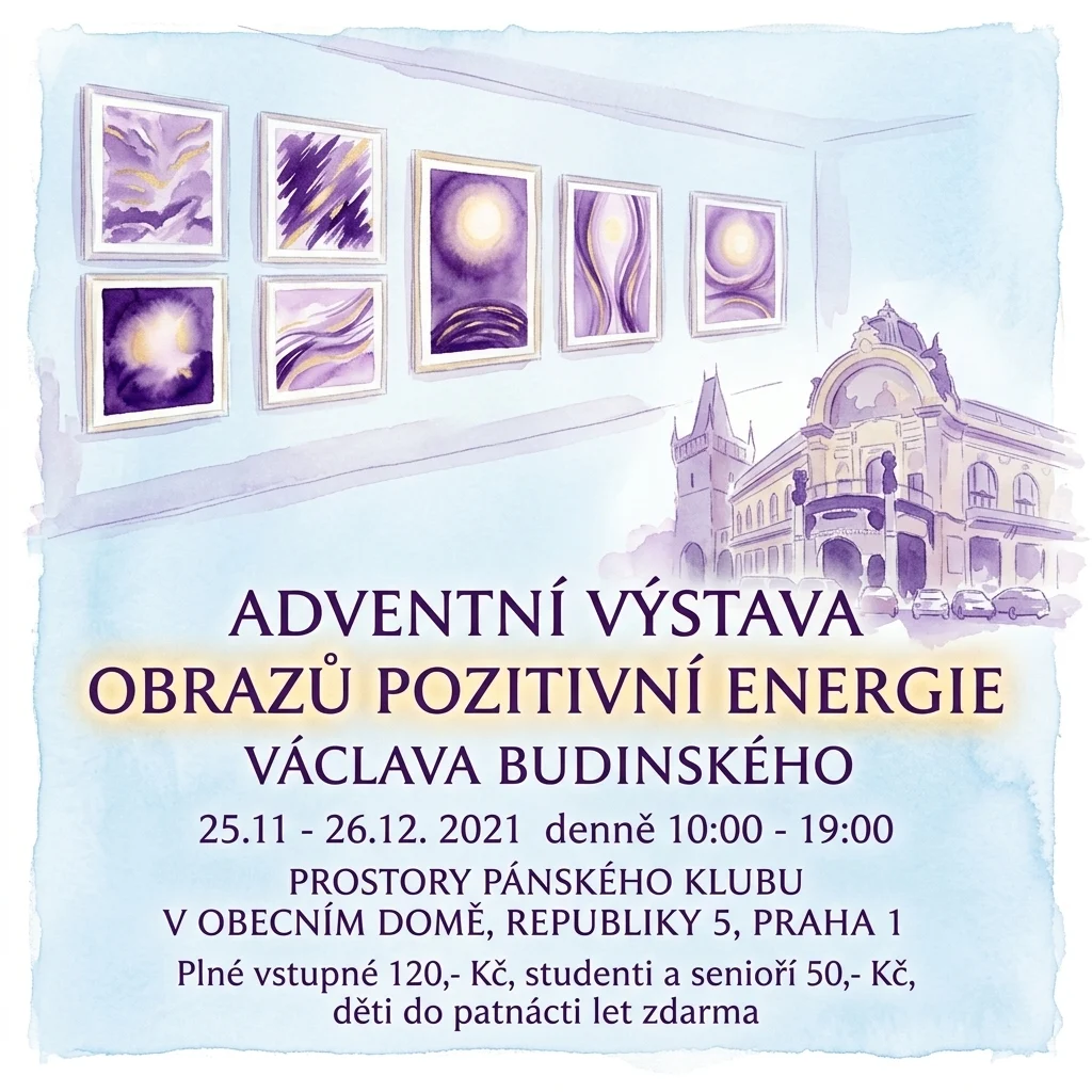 Ściana galerii prezentująca abstrakcyjne obrazy w żywych fioletowych i złotych odcieniach, z okrągłymi motywami świetlnymi i energicznymi pociągnięciami pędzla, część wystawy Advent Art Exhibition autorstwa Václava Budinský'ego.