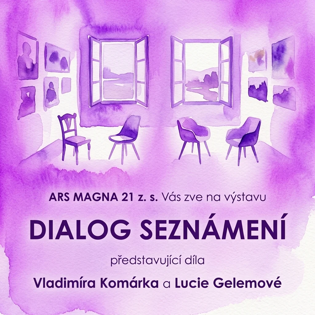 Ilustracja akwarelowa galerii sztuki z pustymi krzesłami, otwartymi oknami i oprawionymi dziełami sztuki na fioletowych ścianach, promująca wystawę 'Dialogue of Introduction' Vladimíra Komárki i Lucie Gelemovej.