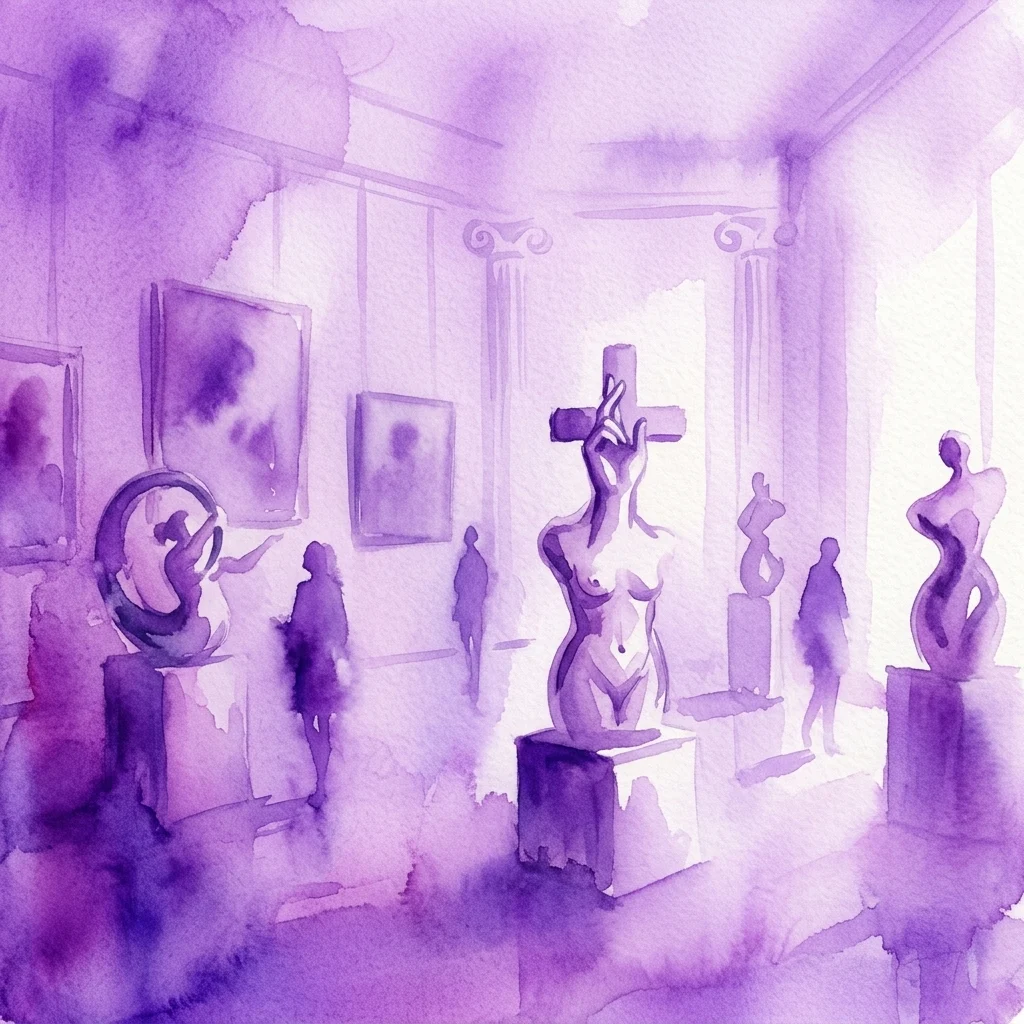 Ilustracja akwarelowa galerii sztuki prezentującej rzeźby i obrazy, z centralną rzeźbą postaci trzymającej krzyż, nawiązującą do tematów biblijnych w nowoczesnej oprawie wystawy.