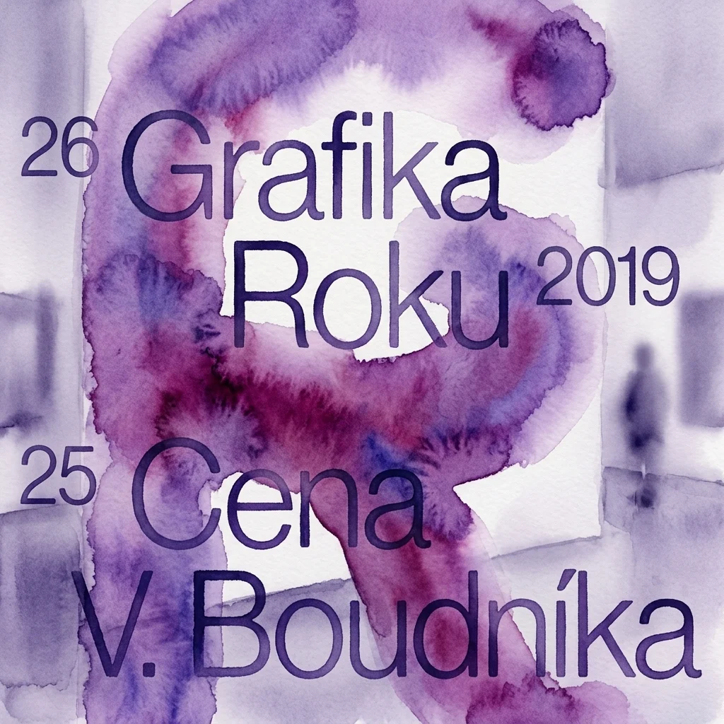 Paarse aquarelkunst met de tekst '26 Grafika Roku 2019' en '25 Cena V. Boudníka', ter promotie van de tentoonstelling Grafische Kunst van het Jaar 2019.