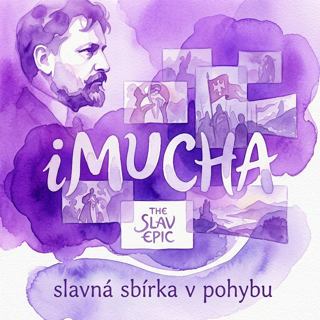 Fioletowa ilustracja akwarelowa przedstawiająca portret Alfonsa Muchy, z tytułem 'iMUCHA' i obrazami z 'The Slav Epic' w stylu kolażu.