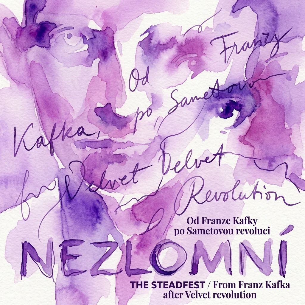 Paars aquarelkunstwerk met handgeschreven tekst, waaronder 'Kafka', 'Fluwelen Revolutie' en 'NEZLOMNÍ', ter promotie van de tentoonstelling 'The Steadfast: From Franz Kafka to the Velvet Revolution'.