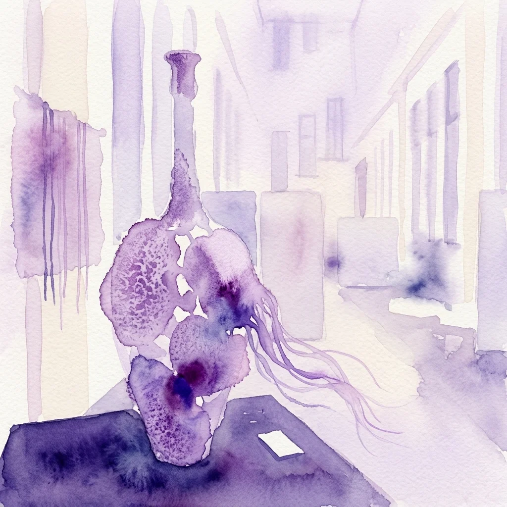 Ilustración en acuarela de una escultura artesanal contemporánea que combina materiales cerámicos y textiles sobre un pedestal en una galería de museo minimalista.