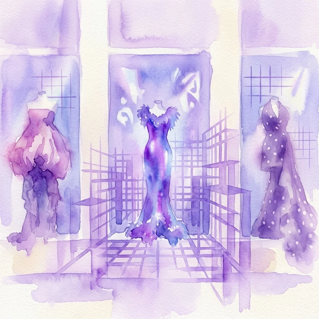 Ilustración en acuarela de tres elegantes vestidos sobre maniquíes rodeados de cuadrículas digitales púrpuras, que representan la exposición inmersiva de moda y tecnología Dior Coded.