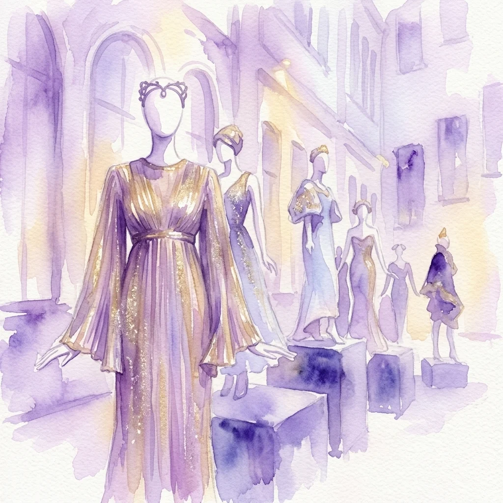 Ilustración en acuarela que representa maniquíes con elegantes vestidos de alta costura en color púrpura y dorado, dispuestos en una galería clásica para la exposición Nine Muses.