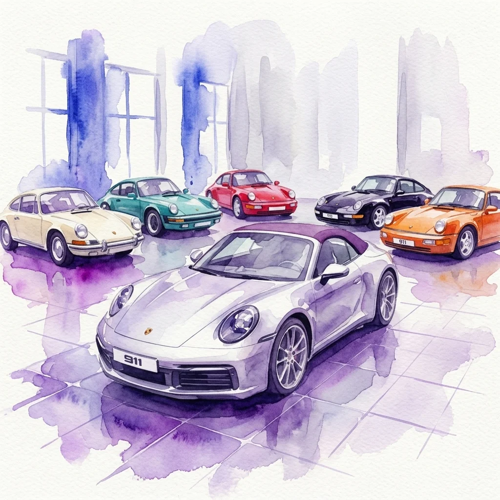 Ilustración en acuarela de varias generaciones de coches deportivos Porsche 911 en diversos colores, con un moderno descapotable plateado en primer plano.