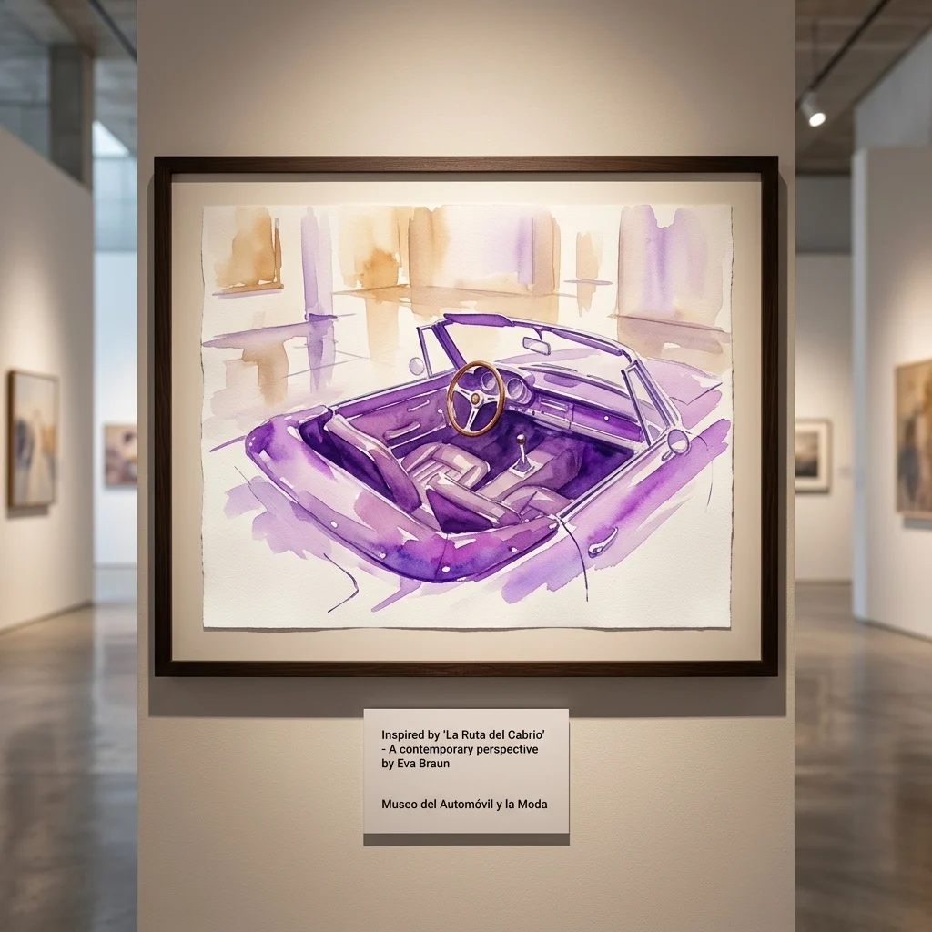 Acuarela enmarcada de un coche descapotable vintage de color morado, inspirada en 'La Ruta del Cabrio' de Eva Braun en el Museo del Automóvil y la Moda.