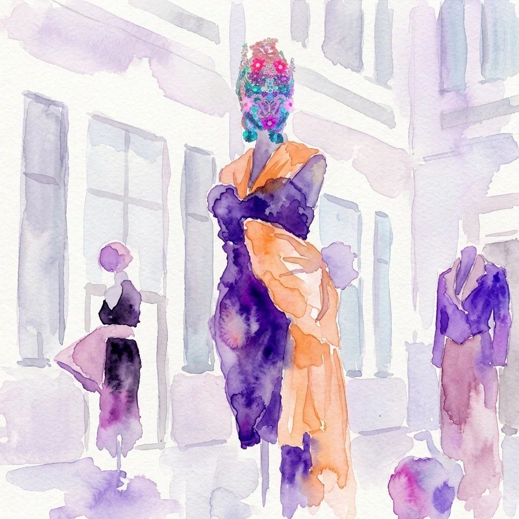 Ilustración en acuarela de la exposición Visionaries, que presenta prendas de alta costura de vanguardia de los años 80 en maniquíes dentro de una galería de museo.