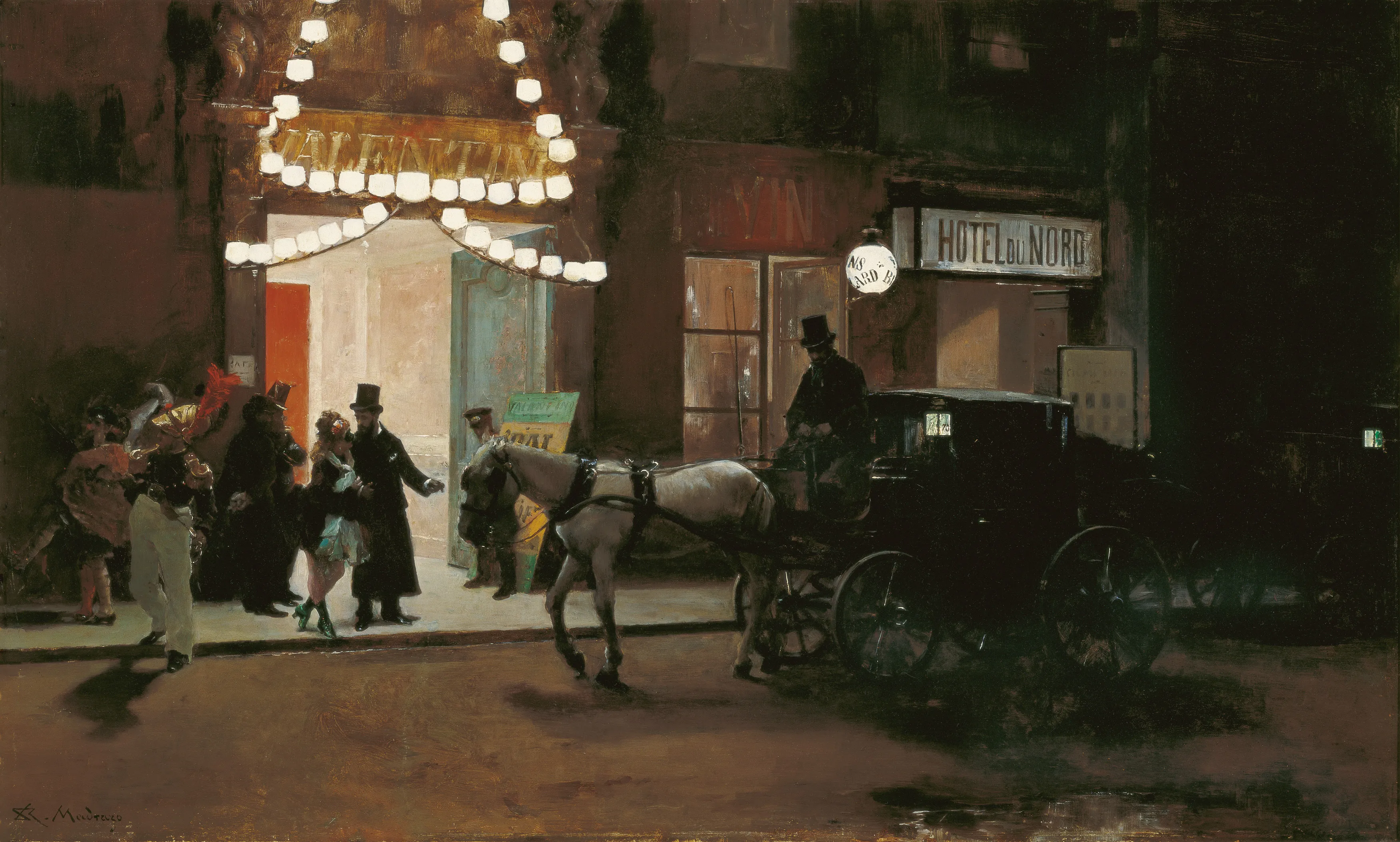Pintura de una escena nocturna a las afueras de un hotel con personas vestidas con trajes del siglo XIX y un carruaje tirado por caballos bajo luces decorativas.