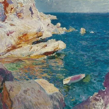 Pintura de una costa rocosa con aguas color turquesa y un pequeño barco blanco