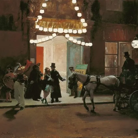 Pintura que representa una escena nocturna en la calle con una multitud reunida ante una entrada brillantemente iluminada, un carruaje de caballos y figuras con vestimenta del siglo XIX.