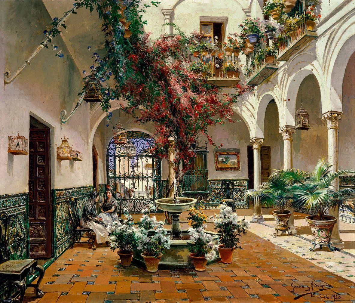 Pintura de un exuberante patio andaluz con columnatas de arcos blancos, una fuente de piedra central, plantas en macetas, enredaderas rojas en flor, suelo de baldosas y una figura sentada leyendo cerca de una puerta