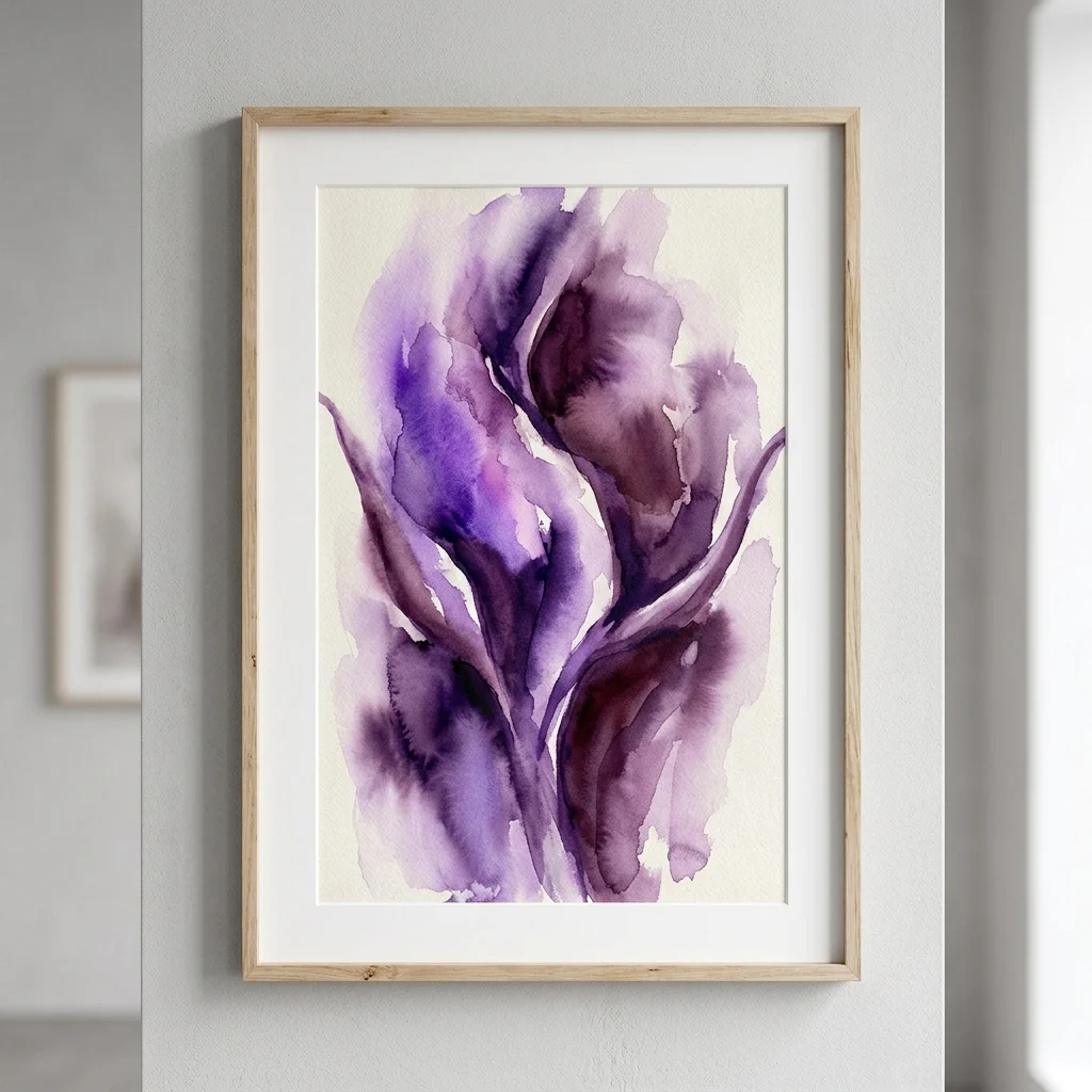 Acuarela enmarcada de formas florales abstractas de color morado colgada en una pared gris claro.