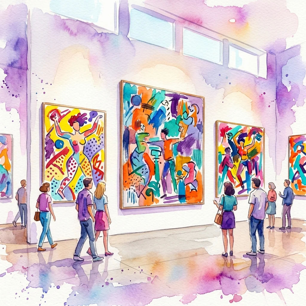 Ilustración en acuarela de visitantes observando grandes y coloridos cuadros abstractos-figurativos en una luminosa galería para la exposición Liberated Painting.
