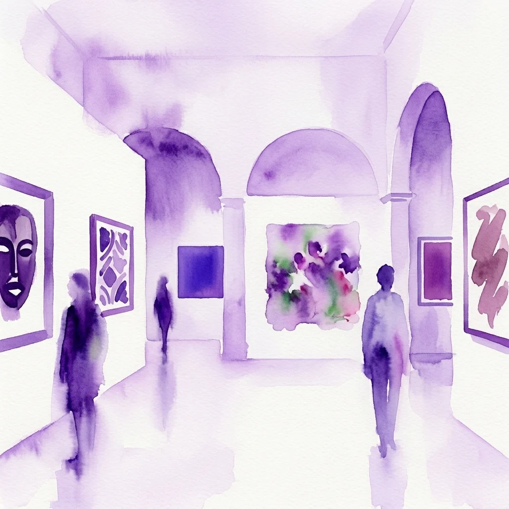 Ilustración en acuarela morada de una galería de museo con arcos, obras de arte enmarcadas y visitantes observando la exposición Olé!.