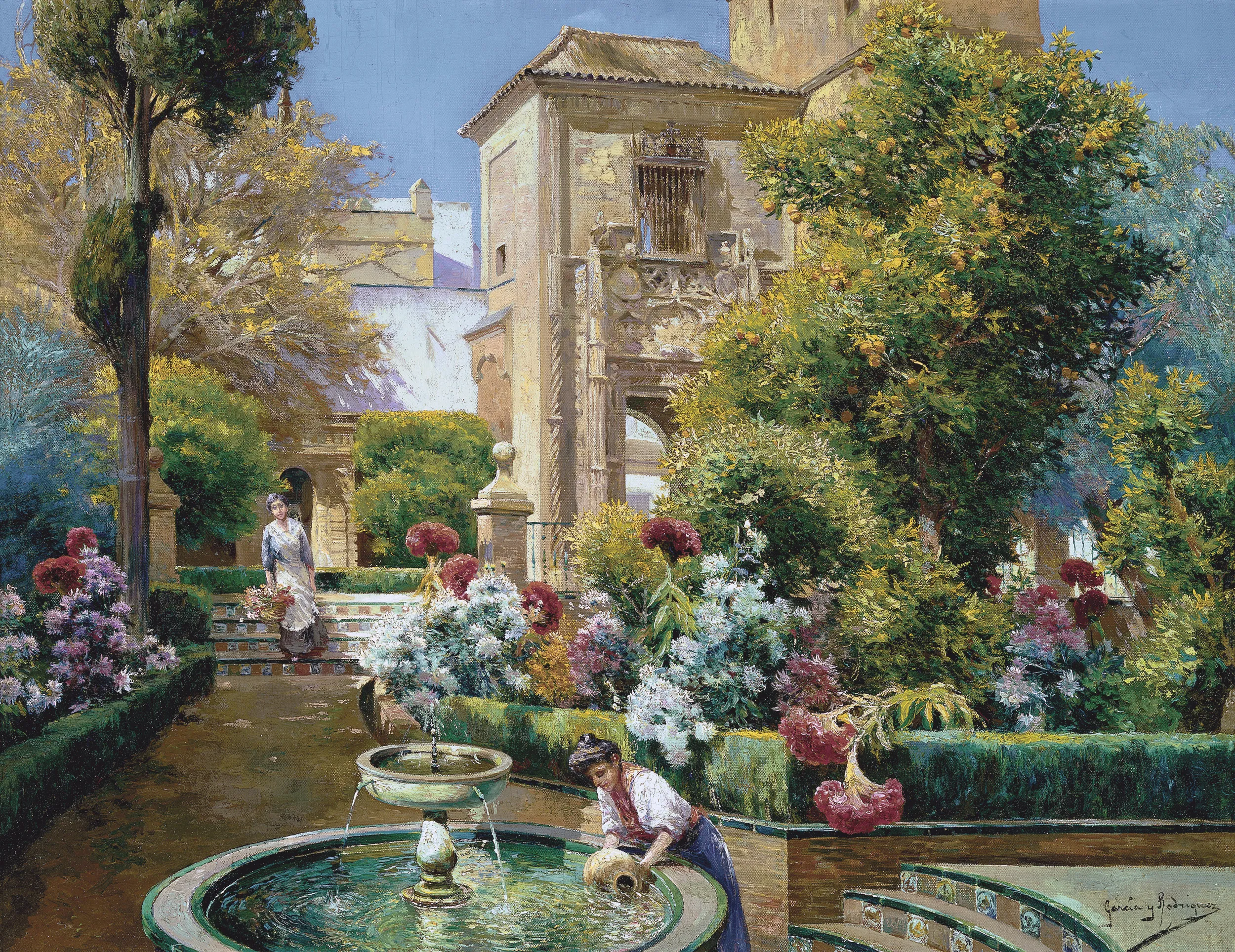 Pintura de un jardín exuberante con una fuente circular, flores en flor, árboles y mujeres con vestimenta tradicional cerca de un arco de piedra.