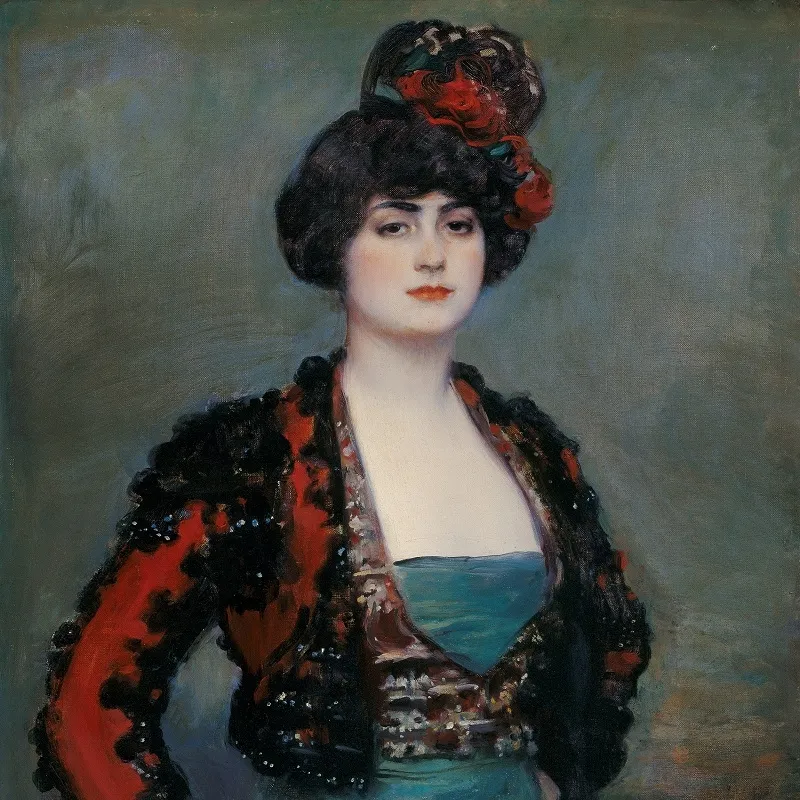 Cuadro de una mujer con traje tradicional andaluz, que viste una chaqueta bolera negra y roja, un vestido verde azulado y un sombrero oscuro grande adornado con flores rojas.