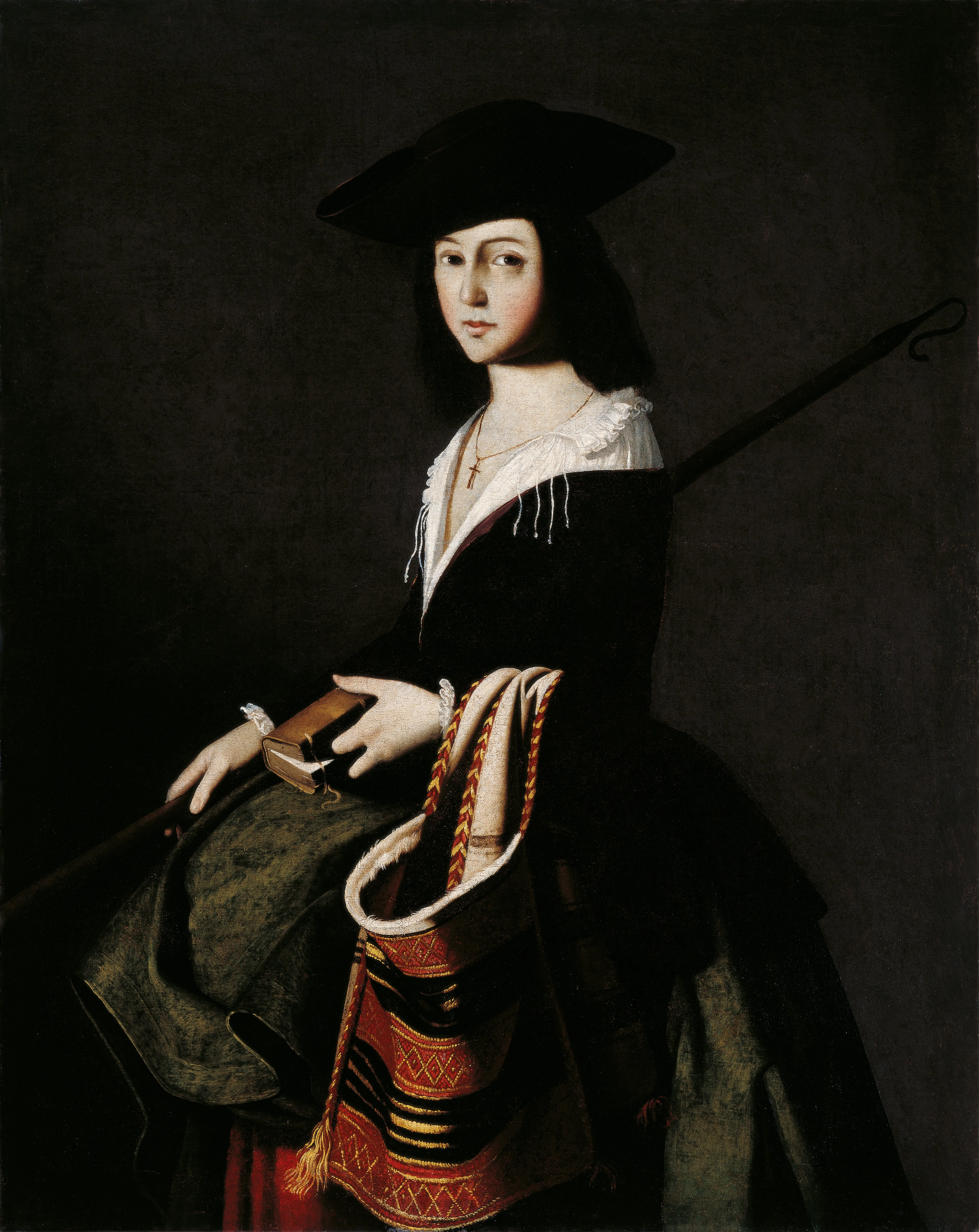 Pintura barroca de una mujer vestida de oscuro y con un sombrero de ala ancha que sostiene un bastón y un libro, con un morral decorado a su lado