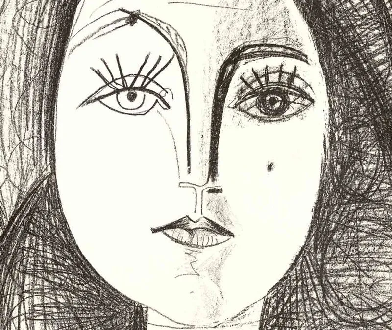 Dibujo cubista en blanco y negro de un rostro con ojos grandes, una nariz prominente y cabello oscuro garabateado.