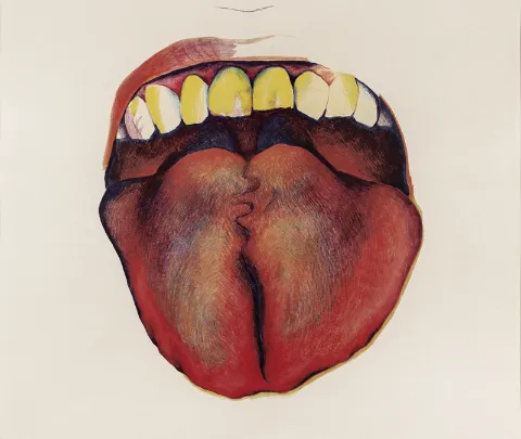 Pintura de una boca abierta que muestra dientes amarillentos y una lengua roja grande sobre un fondo blanco